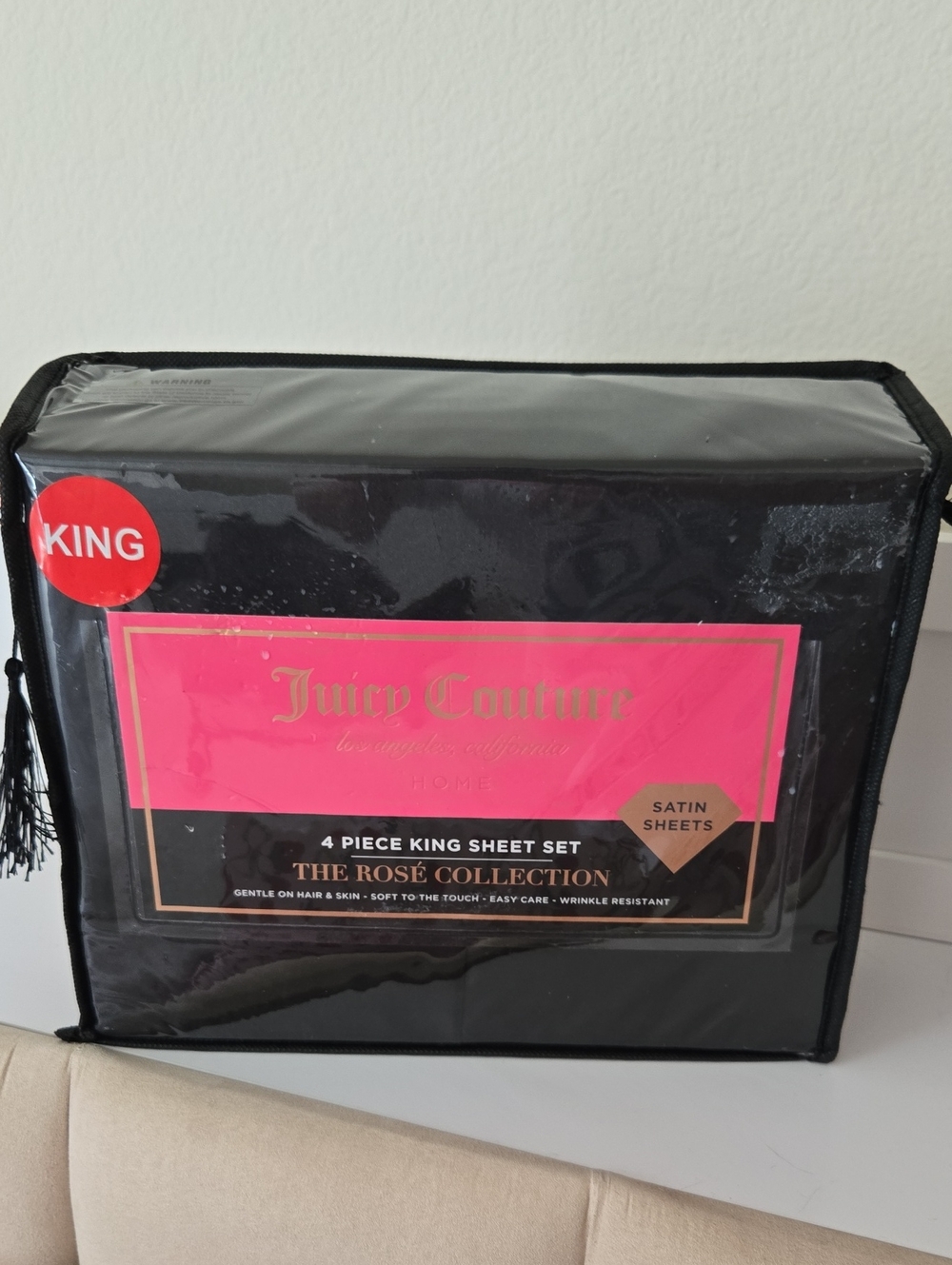Juicy Couture Black Satin King Sheet Set with Pink Label